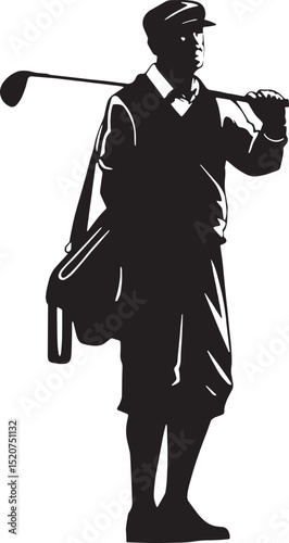 Old Elegant male golfer silhouette in vintage outfit, carrying a golf bag and holding a club over his shoulder. Classic and stylish design ideal for logos, SVG files, and retro golf branding.
