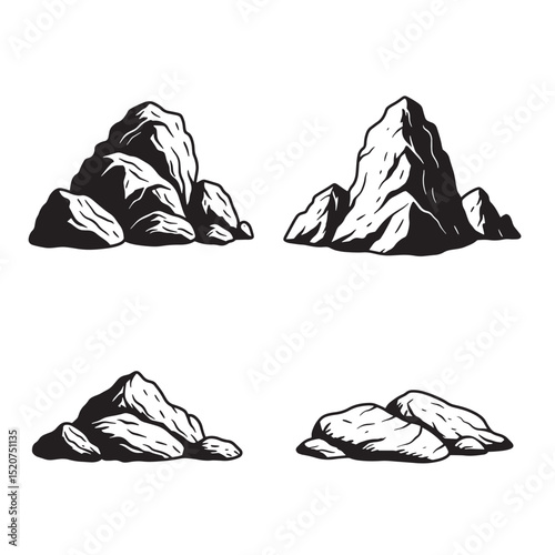 Four vector black and white silhouette rock formations depicting different mountainous shapes