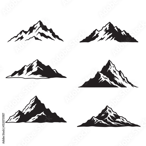 Collection of black and white mountain silhouettes for design and outdoor related themes