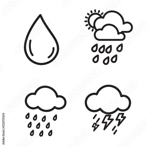 Minimalist weather icons depicting rain sun thunder and overall cloudy atmospheric conditions