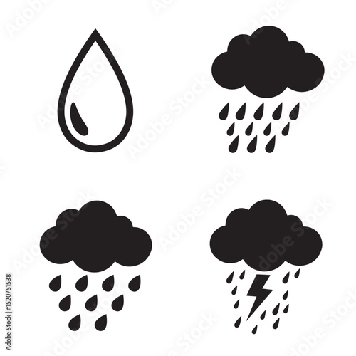 Weather symbols collection featuring clouds raindrops and a lightning storm in silhouette style for various design projects