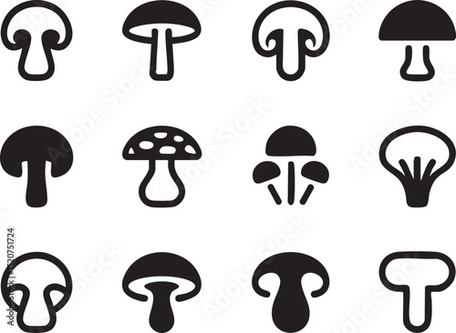 Mushroom Icon Set Black and White Outline Vector Illustration