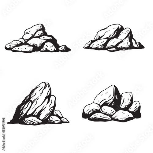 Collection of hand drawn vector illustrations featuring unique rock silhouettes in black and white perfect for designs.