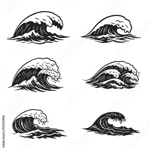 Set of six black and white silhouette illustrations of ocean waves in various styles