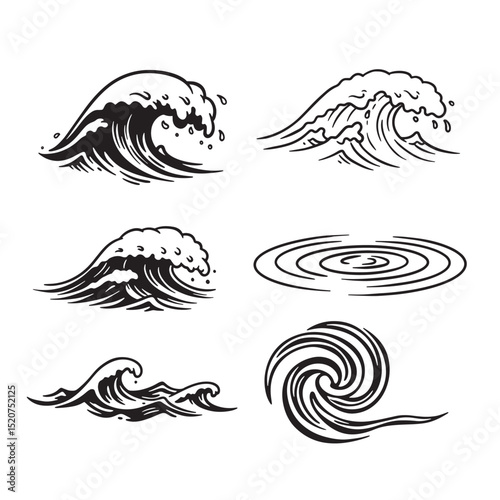 Vector illustrations of diverse wave and water ripple silhouettes for design and decoration elements