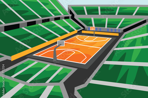 Basketball Court Field Arena Stadium Vibrant  Stylized Cartoon Vector from Angled Perspective