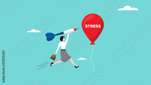 overcome stress and anxiety with businessman jumping to burst stress balloon using darts, stress management concept, Managing and Reducing Stress concept vector illustration