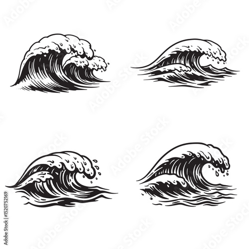 Artistic black and white illustration of four different ocean wave designs