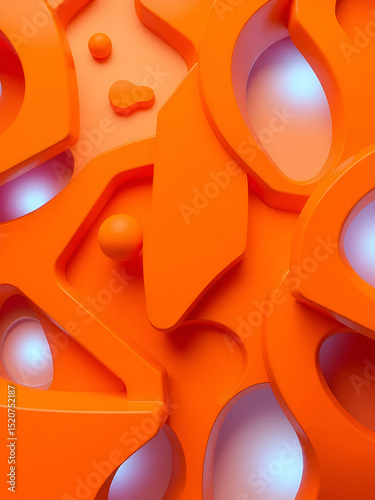 Abstract 3d render, composition, with orange, red, gree and lights blues colors. Geometric shapes.