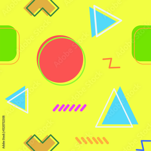 Seamless Memphis-style pattern with colorful geometric shapes on a vibrant yellow background, including red circles, blue triangles, green rounded squares, and zigzag lines.