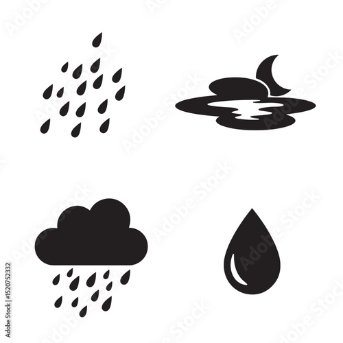 Simple vector icons depicting rain drops clouds moon silhouette and water symbols for weather forecast