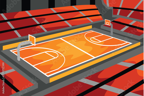 Basketball Court Field Arena Stadium Vibrant  Stylized Cartoon Vector from Angled Perspective