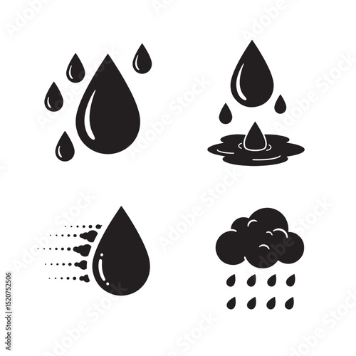 Various stylized silhouette illustrations of water drops rain and cloud elements