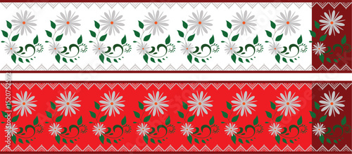 saree design illustration,   white saree with red border, saree with parijat flower