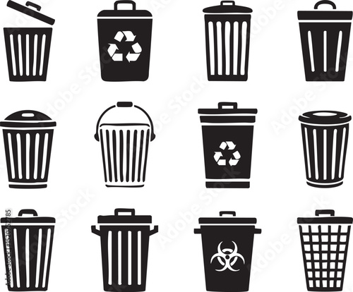 Collection of Black and White Trash Can Icons in Various Styles