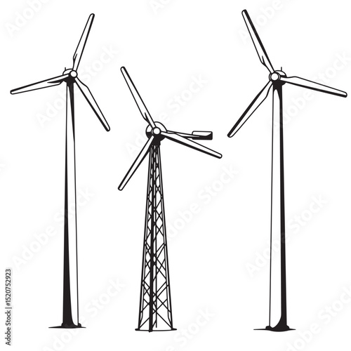 Black and white vector illustration of three wind turbines producing clean energy for sustainable power generation.