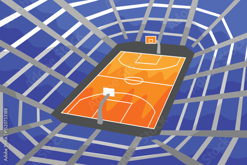 Basketball Court Field Arena Stadium Vibrant  Stylized Cartoon Vector from Angled Perspective