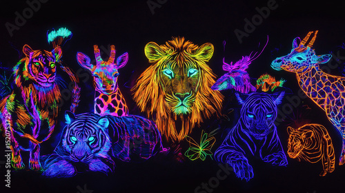abstract colorful neon background of animals