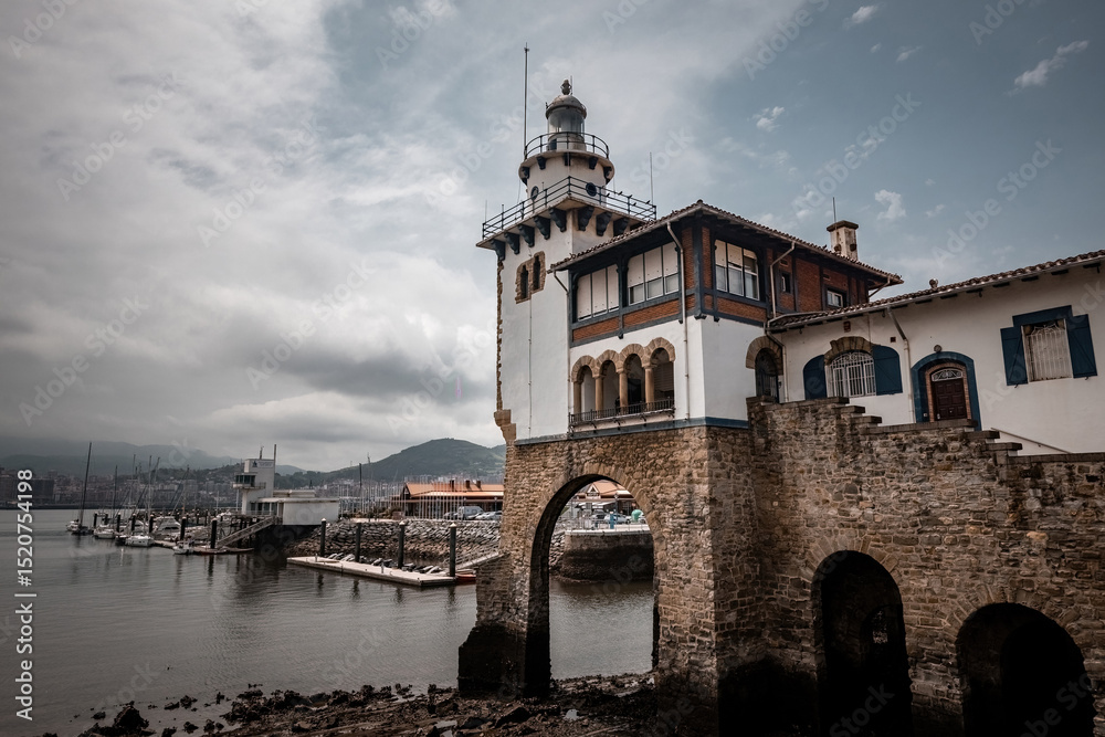 Naklejka premium Arriluze Lighthouse and Coast Guard Station, Getxo,Bilbao City, Province of Biscay, Spain