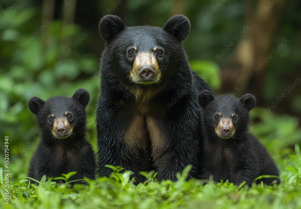 Fototapeta premium Mother Black Bear and Cubs in Lush Green Rainforest