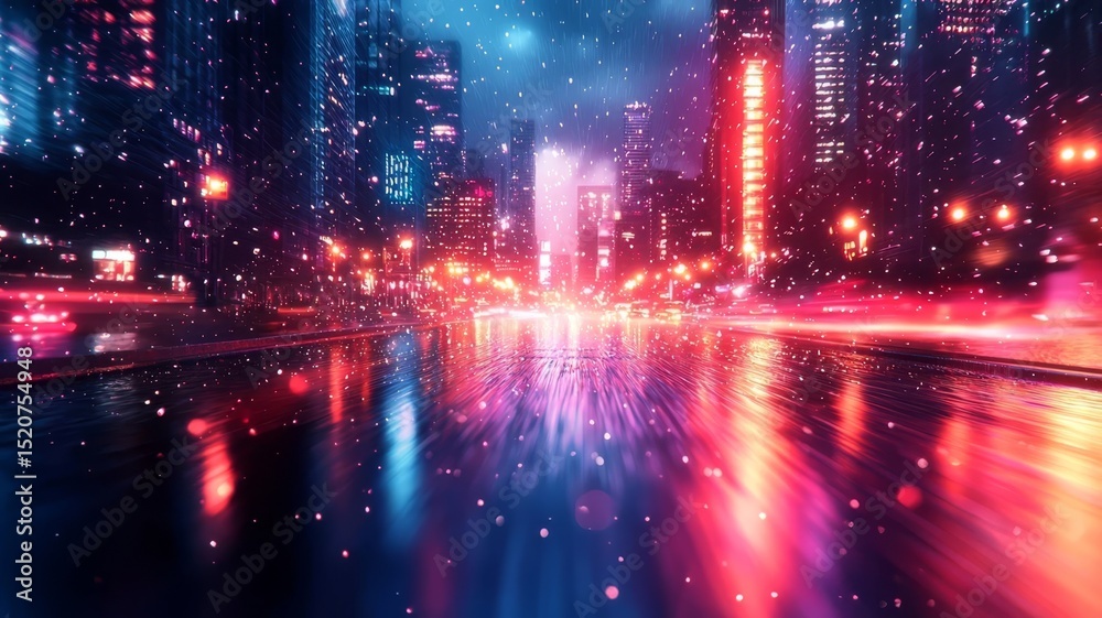 Fototapeta premium Vibrant cityscape at night with colorful lights reflecting on wet pavement, creating a dynamic and atmospheric urban scene.