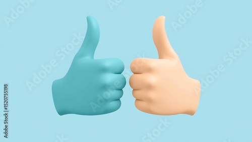 Two thumbs up one blue and one peach colored against a light blue background in a digital rendering