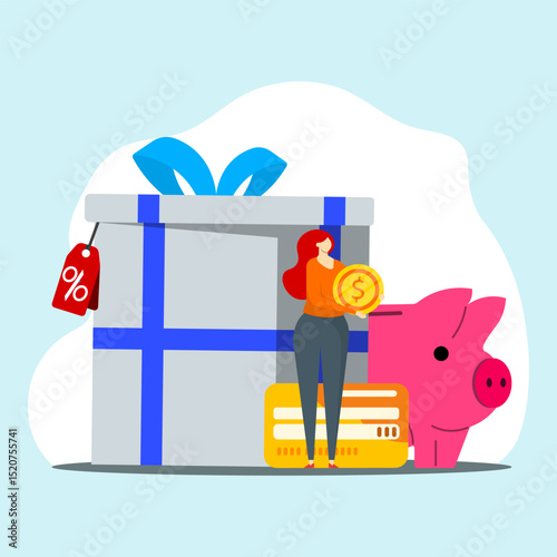 Sales gift concept. Woman holding coin and standing on near of big giftbox, credit card symbol and piggy bank. Money bonus, reward program and cash back.
