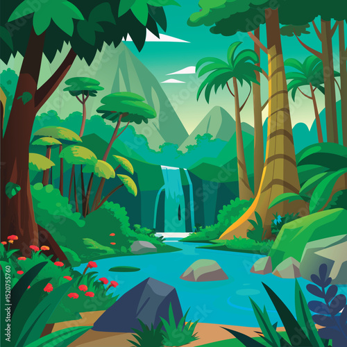 Vector illustration of a Jungle Waterfall Scene.