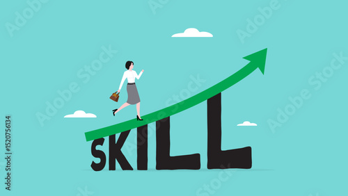 Skill development for career success, motivation to being more professional at work concept, businesswoman stepping up on growing graph over word skill concept vector illustration