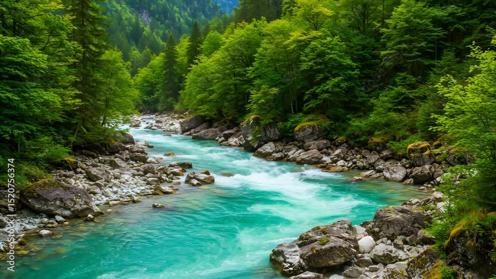 Turquoise River Flowing Through Green Forest With Rocky Banks Under Daylight Turquoise River Flowing Through Green Forest With Rocky Banks Under Daylight