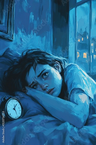 Worried Woman in Bed Beside Alarm Clock at Night