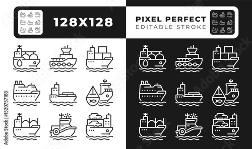 Cargo shops types pixel perfect black and white line icons set. Maritime transport delivering freights. Sea route delivery service. Outline iconset. Isolated monochrome illustrations. Editable stroke