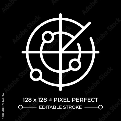 Marine radar pixel perfect white line icon in negative space. Equipment detecting hazards. Collision avoidance and navigation. Monochrome linear symbol on black background. Editable stroke