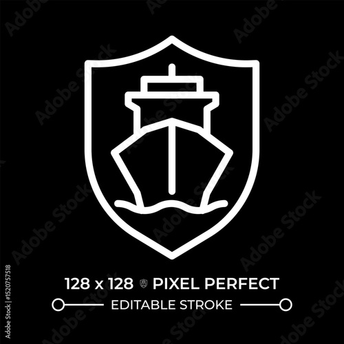 Ship safety pixel perfect white line icon in negative space. Crew and passengers aboard vessels protection. Maritime transportation. Monochrome linear symbol on black background. Editable stroke