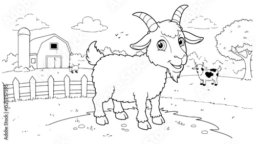 goat lamb cartoon outline for coloring page, vector line art black and white illustration, white background
