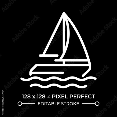 Sailing ship pixel perfect white line icon in negative space. Yacht on sea journey. Travelling by water with sailboat. Maritime. Monochrome linear symbol on black background. Editable stroke