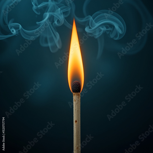 Burning Matchstick with Orange Flame and White Smoke Against Dark Teal Background