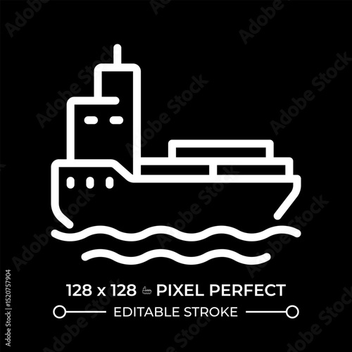 Fototapeta Naklejka Na Ścianę i Meble -  Barge pixel perfect white line icon in negative space. Water transport in shallow water. Cargo ship carrying freights. Maritime. Monochrome linear symbol on black background. Editable stroke