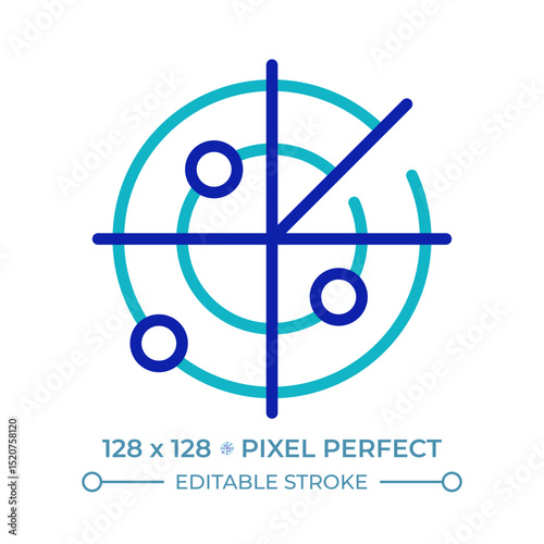Marine radar pixel perfect two color line icon. Equipment detecting hazards. Collision avoidance and navigation bicolor outline symbol. Duotone linear pictogram. Isolated illustration. Editable stroke