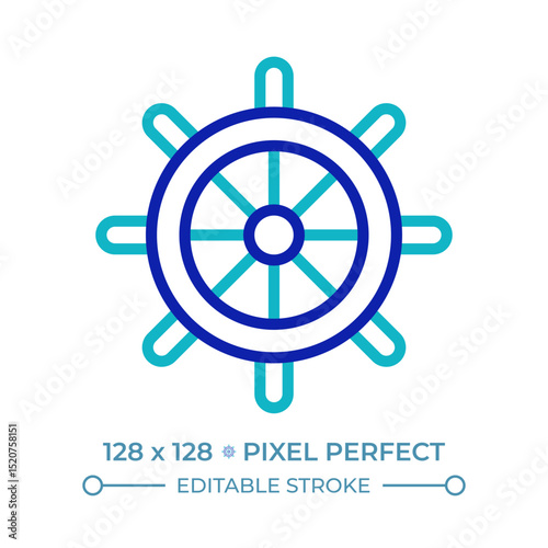 Helm pixel perfect two color line icon. Ship steering wheel. Vessel equipment. Level for boat controlling bicolor outline symbol. Duotone linear pictogram. Isolated illustration. Editable stroke