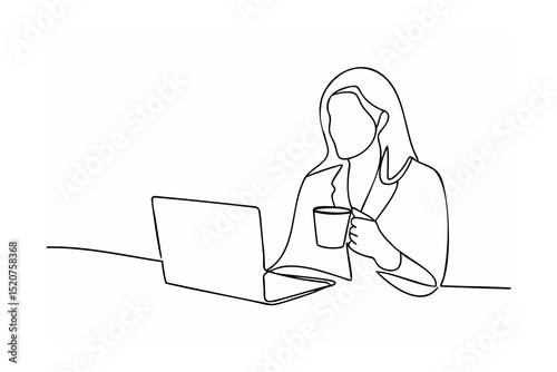Woman working on laptop drinking coffee continuous line drawing