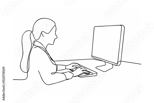 Woman working on computer continuous line drawing minimalist illustration