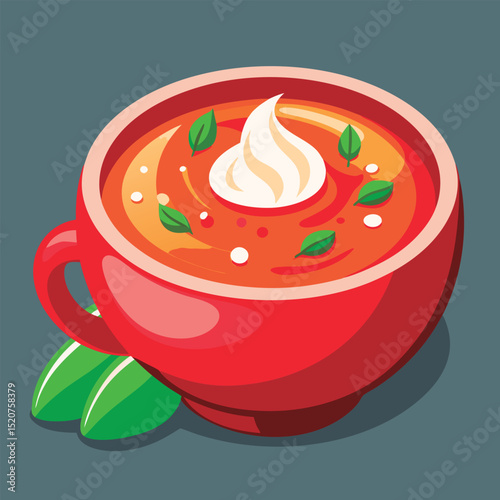 Delicious tomato soup in a red bowl.