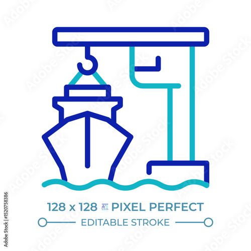 Port crane pixel perfect two color line icon. Lifting machine loading cargo onto ship. Freight transportation bicolor outline symbol. Duotone linear pictogram. Isolated illustration. Editable stroke