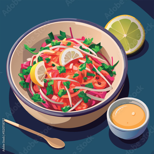 Colorful salad bowl with dressing.