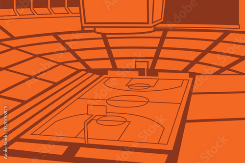 Orange Basketball Court Stadium Arena  from Angled Perspective Outline Silhouette Simple Vector for Background