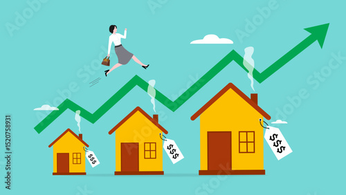house mortgage overpay concept, real estate payment overprice, Property payoff to credit concept, depressed office worker woman carrying house with expensive price tag vector illustration