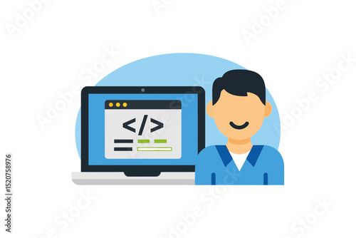 Person Coding on Laptop with Symbols Illustration