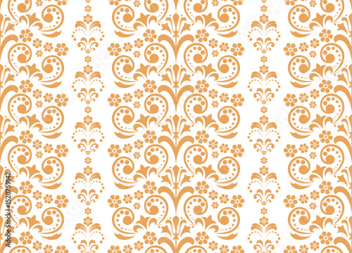 Wallpaper in the style of Baroque. White and golden floral ornament. Seamless vector background. Graphic pattern for fabric, wallpaper, packaging. Ornate Damask flower illustration