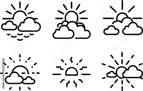 Weather Icon Set Featuring Sun Clouds and Rain in Line Art